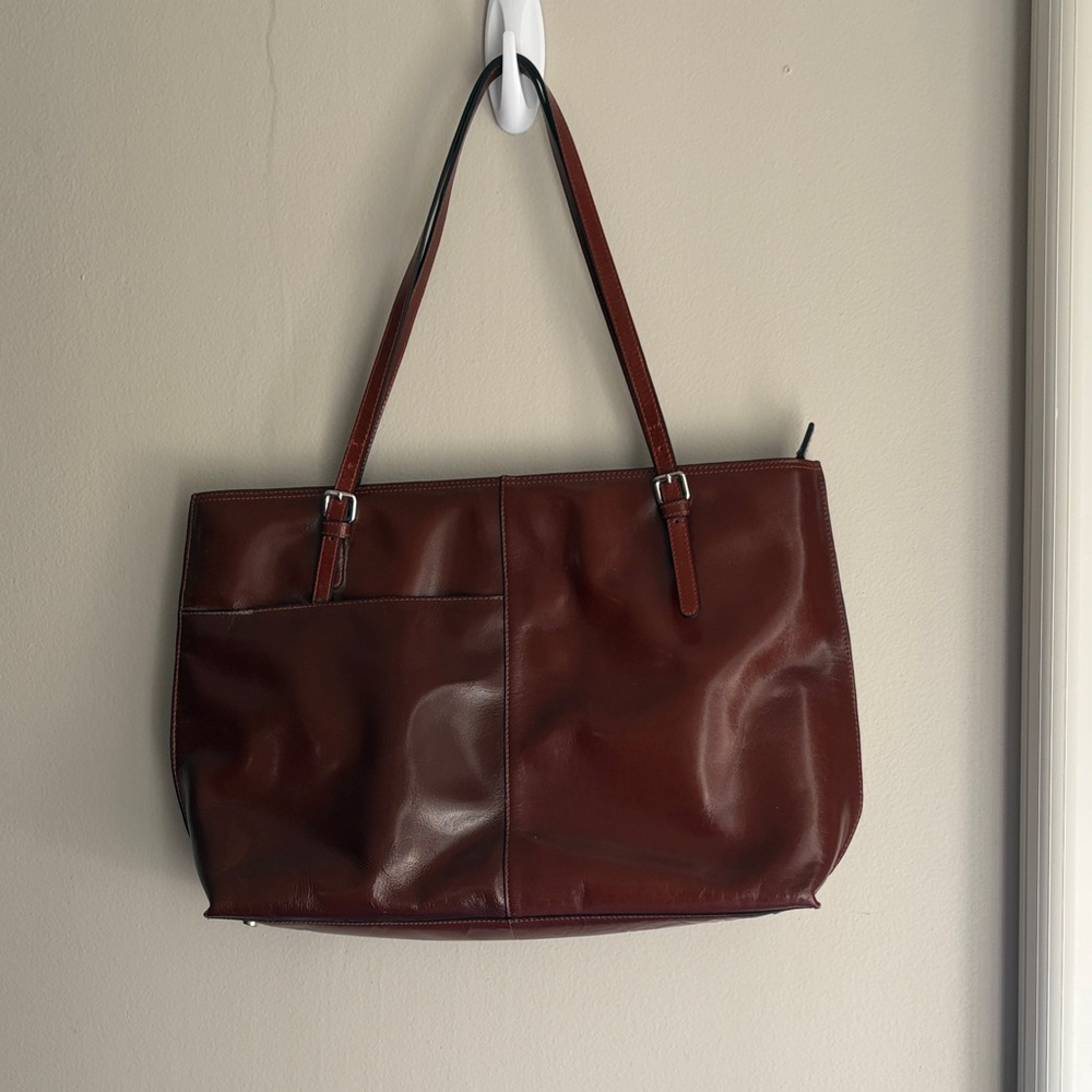 Elegant Brown glossy Leather zipper shoulder Tote Bag 11x 15x 3.5